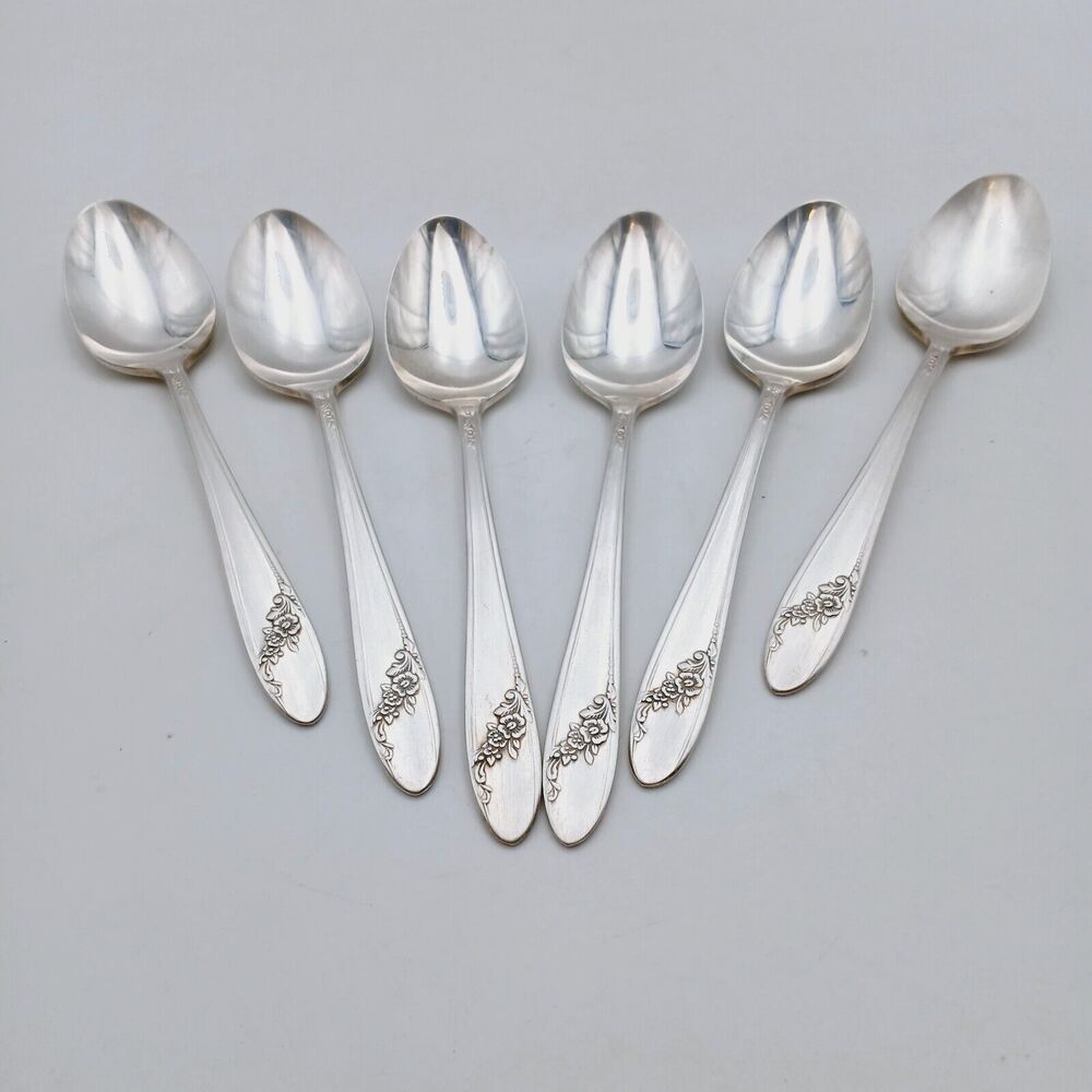 6 pcs Oneida Community Queen Bess II Teaspoon Silverplate Tudor Plate Flowers